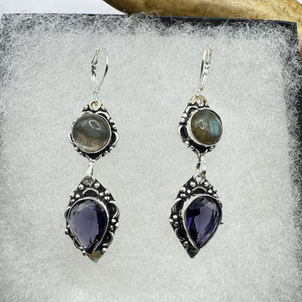 Vintage Labradorite Dangle Earrings Sterling Silver Leverbacks