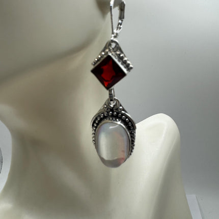 Vintage White Opal Glass Dangle Earrings Sterling Silver Design Statement Leverbacks