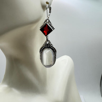 Vintage White Opal Glass Dangle Earrings Sterling Silver Design Statement Leverbacks