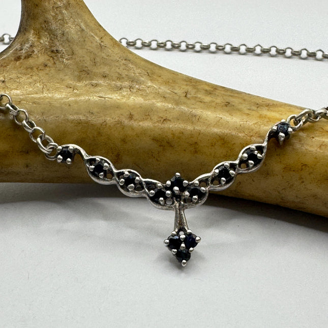 Vintage Blue Sapphire Flower Choker 925 Sterling Silver Necklace