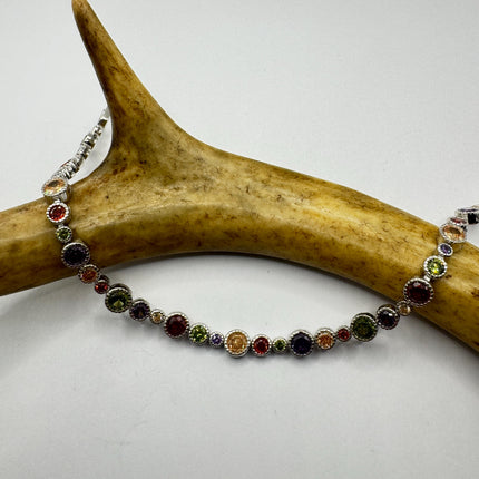 Vintage Mixed Gemstone Tennis Bracelet | Sterling Silver, Citrine, Amethyst, Peridot, Garnet