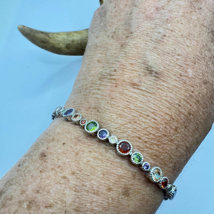 Vintage Mixed Gemstone Tennis Bracelet | Sterling Silver, Citrine, Amethyst, Peridot, Garnet