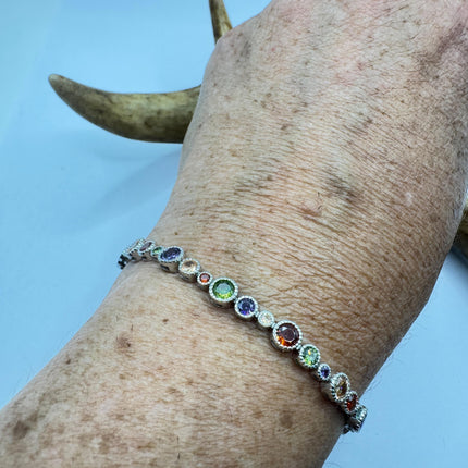 Vintage Mixed Gemstone Tennis Bracelet | Sterling Silver, Citrine, Amethyst, Peridot, Garnet