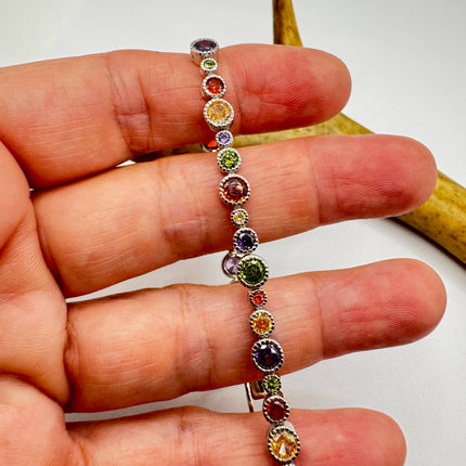 Vintage Mixed Gemstone Tennis Bracelet | Sterling Silver, Citrine, Amethyst, Peridot, Garnet
