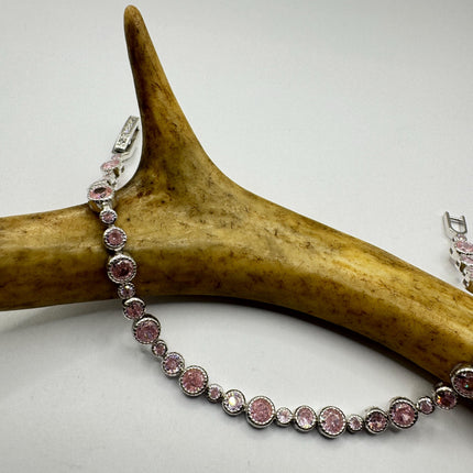 Vintage Pink Ice CZ Tennis Bracelet: 925 Sterling Silver
