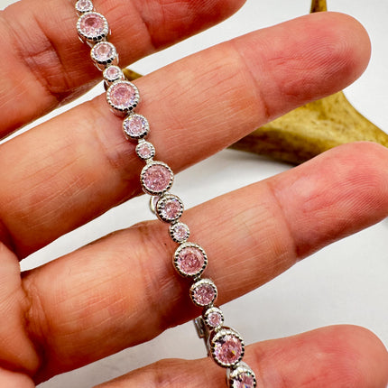 Vintage Pink Ice CZ Tennis Bracelet: 925 Sterling Silver