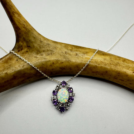 Vintage White Fire Opal Blue Iolite Pendant Necklace: 925 Sterling Silver Chain