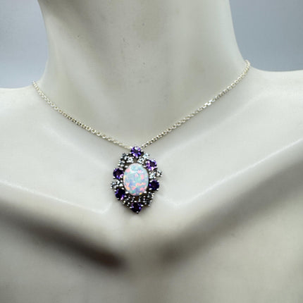 Vintage White Fire Opal Blue Iolite Pendant Necklace: 925 Sterling Silver Chain
