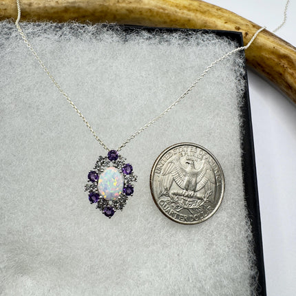 Vintage White Fire Opal Blue Iolite Pendant Necklace: 925 Sterling Silver Chain