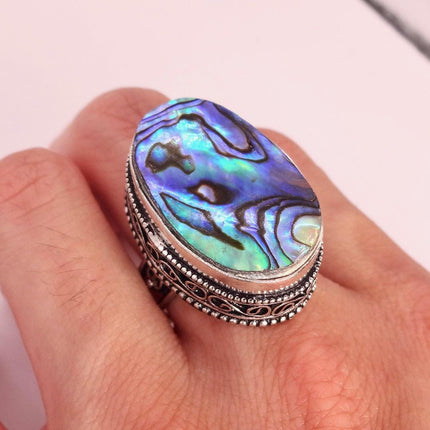 Vintage Abalone Statement Ring - White Bronze, Size 9