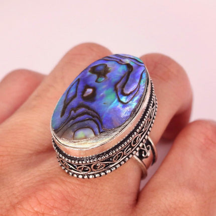 Vintage Abalone Statement Ring - White Bronze, Size 9