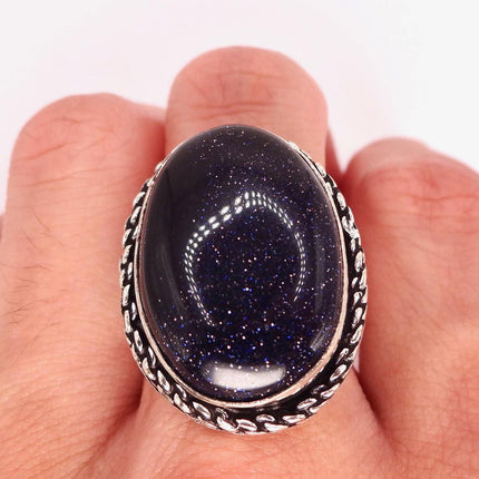 Vintage Black Sandstone Boho Statement Ring Detailed Silver Finished Bronze