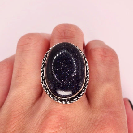 Vintage Black Sandstone Boho Statement Ring Detailed Silver Finished Bronze