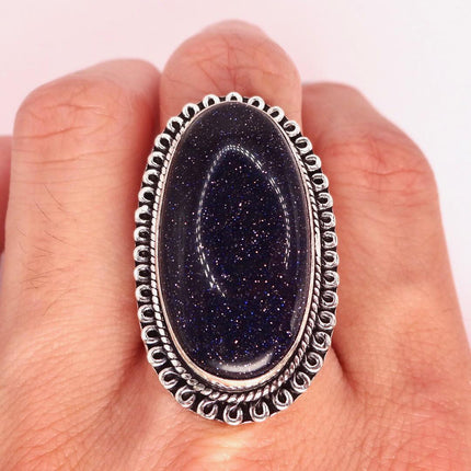 Vintage Black Sandstone Boho Statement Ring Detailed Silver Finished Bronze