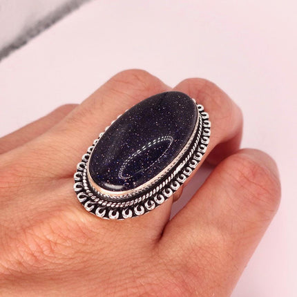 Vintage Black Sandstone Boho Statement Ring Detailed Silver Finished Bronze