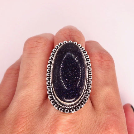 Vintage Black Sandstone Boho Statement Ring Detailed Silver Finished Bronze