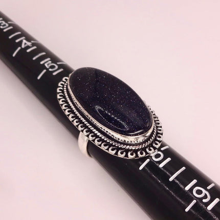 Vintage Black Sandstone Boho Statement Ring Detailed Silver Finished Bronze