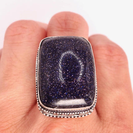 Vintage Black Sandstone Boho Statement Ring Detailed Silver Finished Bronze