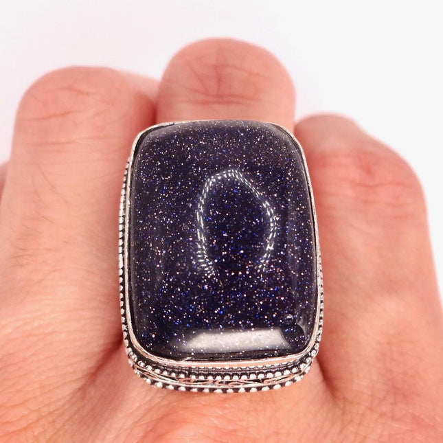 Vintage Black Sandstone Boho Statement Ring Detailed Silver Finished Bronze