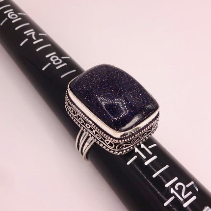 Vintage Black Sandstone Boho Statement Ring Detailed Silver Finished Bronze