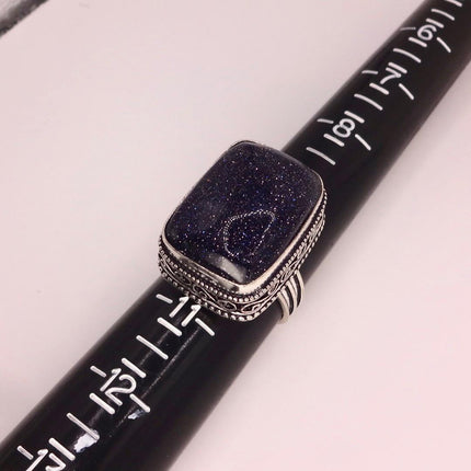 Vintage Black Sandstone Boho Statement Ring Detailed Silver Finished Bronze
