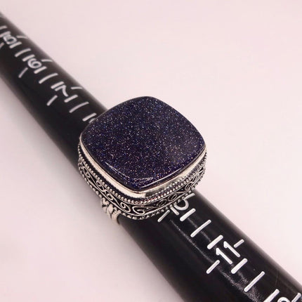 Vintage Black Sandstone Boho Statement Ring Detailed Silver Finished Bronze