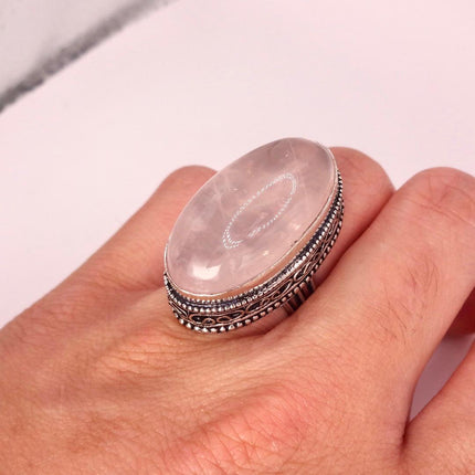 Vintage Rose Quartz Ring: Silver Bronze Boho Statement Ring