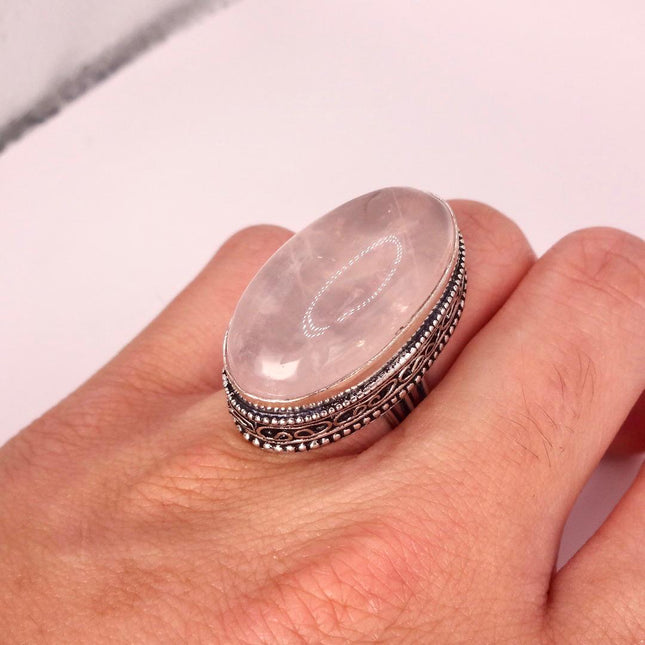 Vintage Rose Quartz Ring: Silver Bronze Boho Statement Ring