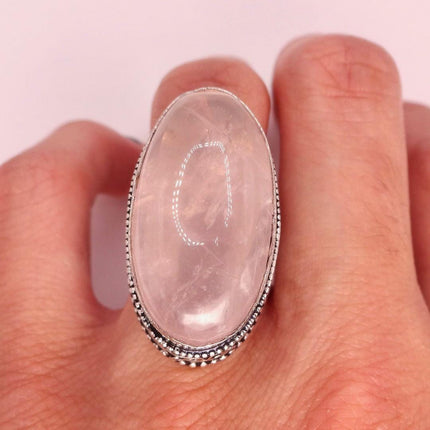 Vintage Rose Quartz Ring: Silver Bronze Boho Statement Ring