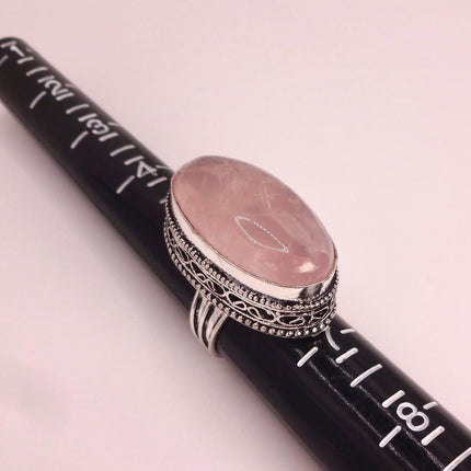 Vintage Rose Quartz Ring: Silver Bronze Boho Statement Ring
