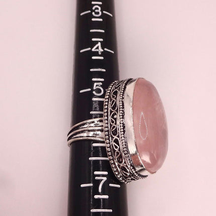 Vintage Rose Quartz Ring: Silver Bronze Boho Statement Ring