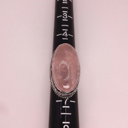 Vintage Rose Quartz Ring: Silver Bronze Boho Statement Ring