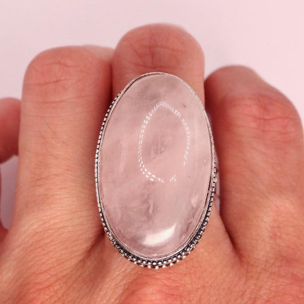 Vintage Rose Quartz Ring: Silver Bronze Boho Statement Ring