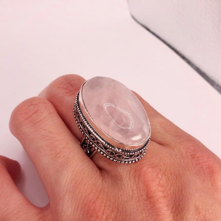 Vintage Rose Quartz Ring: Silver Bronze Boho Statement Ring