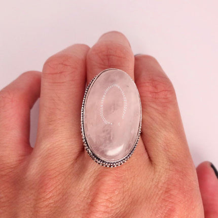 Vintage Rose Quartz Ring: Silver Bronze Boho Statement Ring