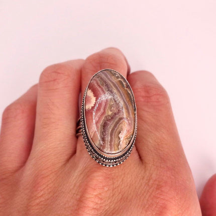 Vintage Agate Boho Statement Ring, Size 9 Silver White Bronze Size 9