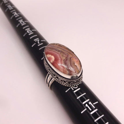 Vintage Agate Boho Statement Ring, Size 9 Silver White Bronze Size 9