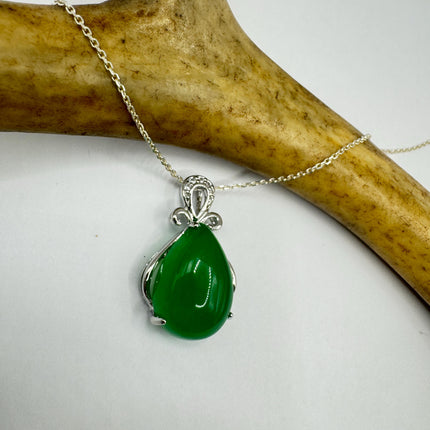 Vintage Green Jade Deco Choker Pendant Necklace - 925 Sterling Silver chain