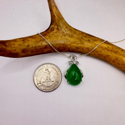 Vintage Green Jade Deco Choker Pendant Necklace - 925 Sterling Silver chain