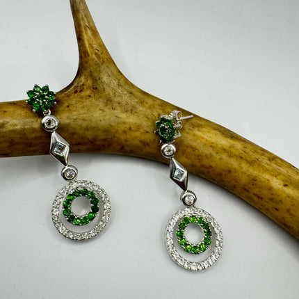 Vintage Emerald Green Chrome Diopside & White Sapphire 925 Sterling Silver Earrings