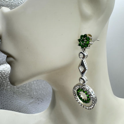 Vintage Emerald Green Chrome Diopside & White Sapphire 925 Sterling Silver Earrings