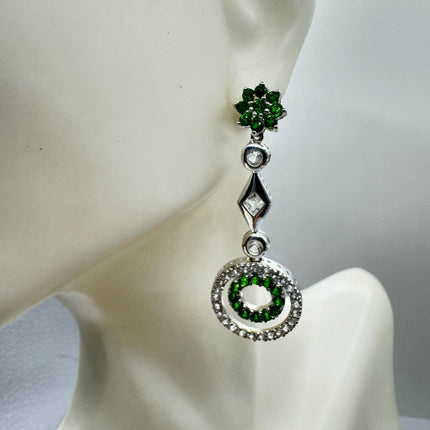Vintage Emerald Green Chrome Diopside & White Sapphire 925 Sterling Silver Earrings