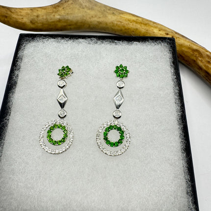 Vintage Emerald Green Chrome Diopside & White Sapphire 925 Sterling Silver Earrings