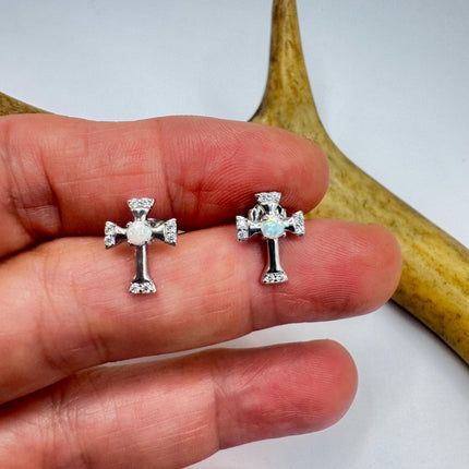 Vintage Sterling Silver Cross Earrings, Tiny White Fire Opal Studs (Minimalist Everyday)