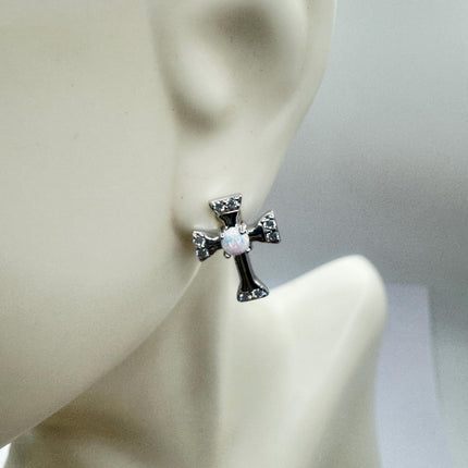 Vintage Sterling Silver Cross Earrings, Tiny White Fire Opal Studs (Minimalist Everyday)