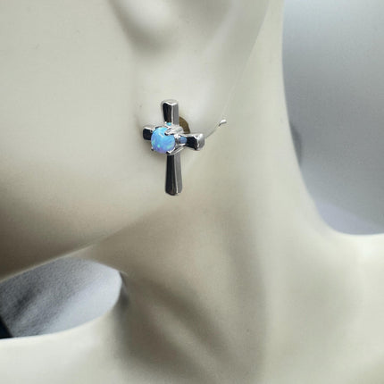 Vintage Sterling Silver Cross Earrings, Tiny White Fire Opal Studs (Minimalist Everyday)