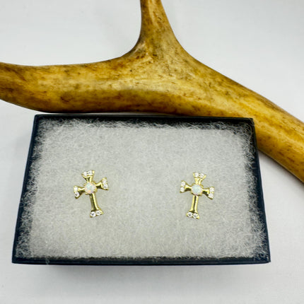 Vintage Gold Sterling Silver Cross Earrings, Tiny White Fire Opal Studs (Minimalist Everyday)