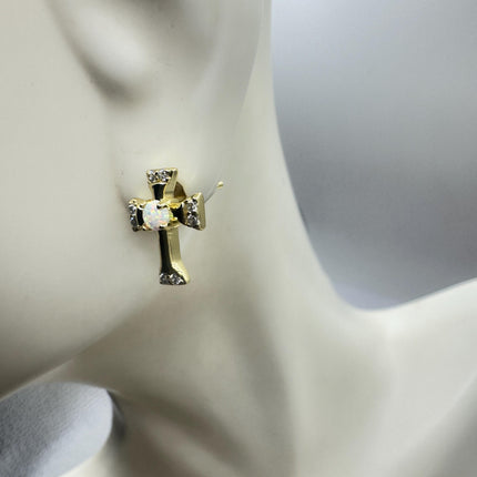 Vintage Gold Sterling Silver Cross Earrings, Tiny White Fire Opal Studs (Minimalist Everyday)