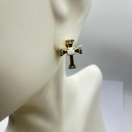 Vintage Gold Sterling Silver Cross Earrings, Tiny White Fire Opal Studs (Minimalist Everyday)