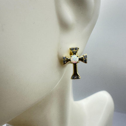 Vintage Gold Sterling Silver Cross Earrings, Tiny White Fire Opal Studs (Minimalist Everyday)